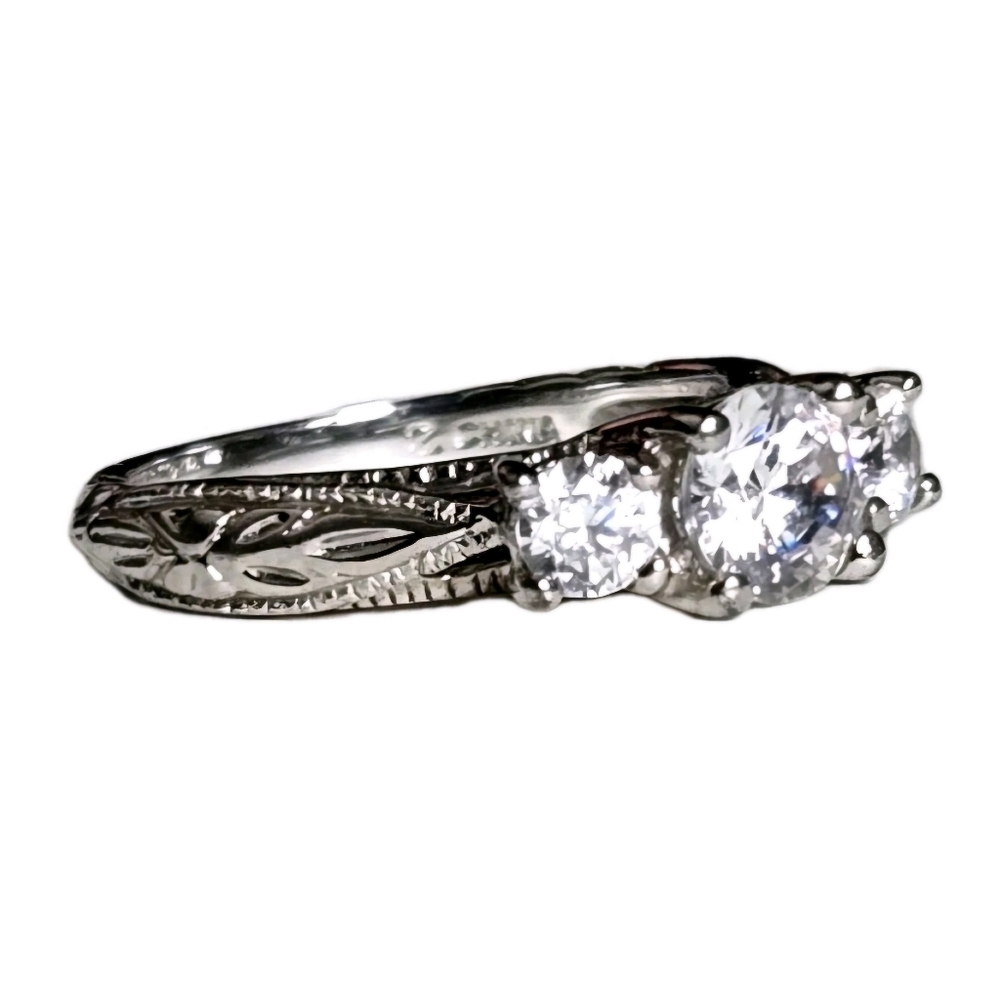 Three Stone Round Cut Cubic Zirconia Cathedral Style Sterling Silver Ring
